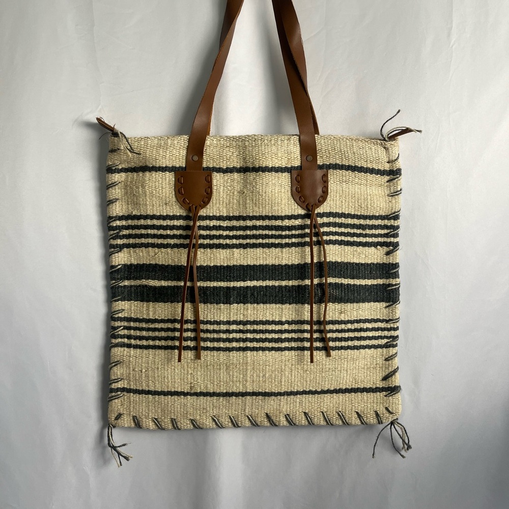 Striped Woven Tote in Cream and Blue with Brown Leather Straps 18 X 18